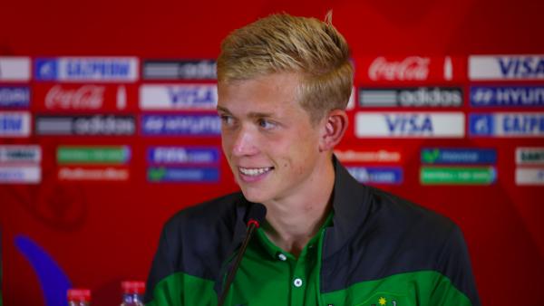 Josh Laws speaks at the pre-match press conference before Mexico