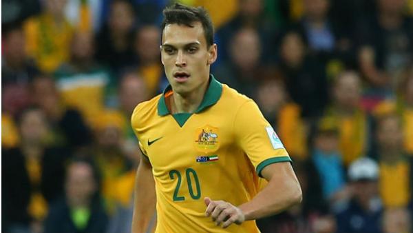 Trent Sainsbury on the ball in the Socceroos' win over Kuwait.