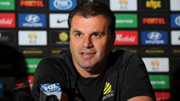 Socceroos coach Ange Postecoglou addresses media on Sunday.