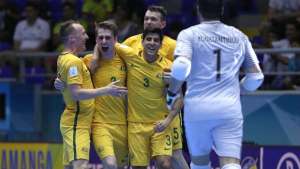 The Futsalroos celebrate scoring against Mozambique in their FIFA Futsal World Cup opener.