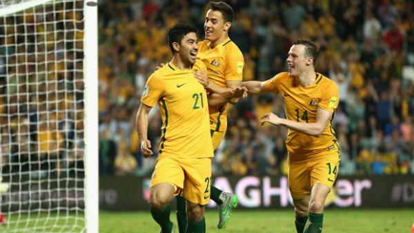 Massimo Luongo celebrates after scoring against Jordan in World Cup Qualifying.