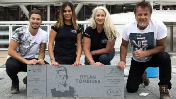 The Tombides family with Dylan's Champions Place stone at West Ham's new home ground. Image courtesy West Ham United