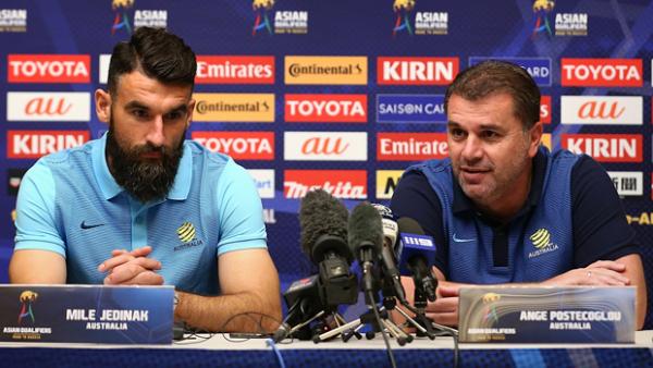 Caltex Socceroos coach Ange Postecoglou and captain Mile Jedinak address media.