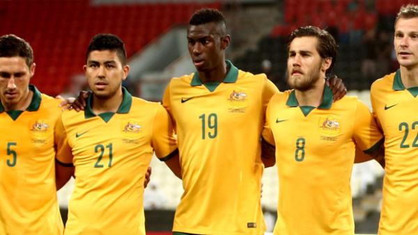 Bernie Ibini lines up for his Socceroos debut against UAE in 2014.