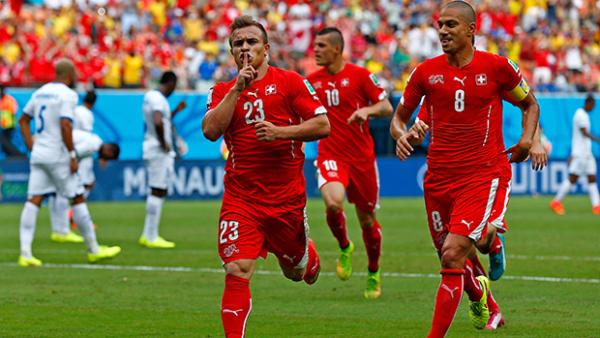 Shaqiri celebrates after scoring his team's first goal against Honduras.