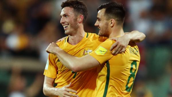 Caltex Socceroos striker Apostolos Giannou and defender Bailey Wright.