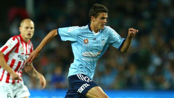 Young Socceroo striker George Blackwood in action for Sydney FC.