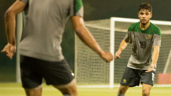 Daniel De Silva calls for the ball at the Socceroos training camp in Dubai.