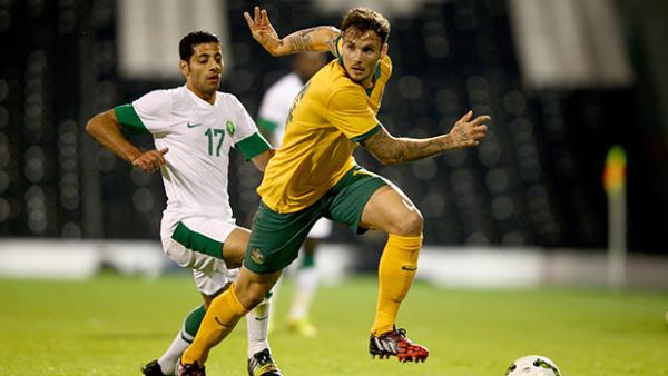 Chris Herd on the ball in the Socceroos clash against Saudi Arabia.