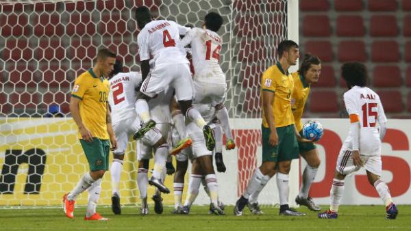 The UAE celebrate opening the scoring against the Olyroos at the AFC U-23 Championship.