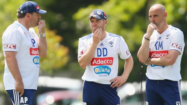 Darren Davies with Kevin Muscat and Ange Postecoglou.