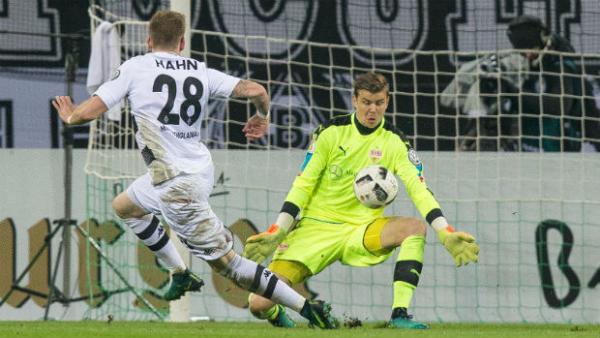 Goalkeeper Mitch Langerak makes a save against Borussia Moenchengladbach in Germany's League Cup.