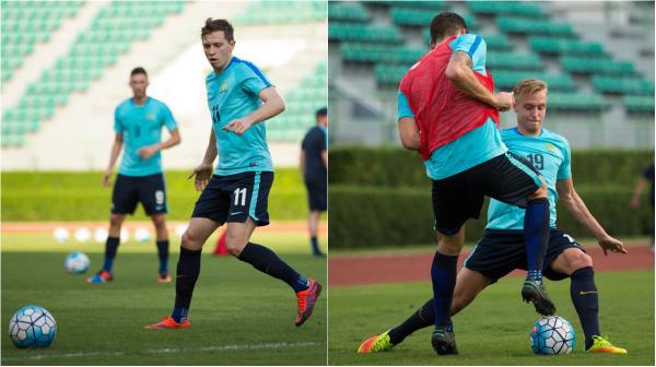Craig Goodwin and James Jeggo on the training ground in Bangkok.