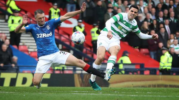 Tom Rogic fires a pass against Rangers in the Scottish League Cup semi final at Hampden Park.