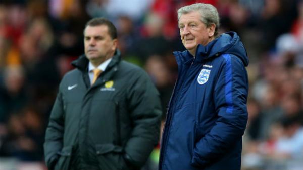 England boss Roy Hodgson and Socceroos coach Ange Postecoglou on the sideline at the Stadium of Light.