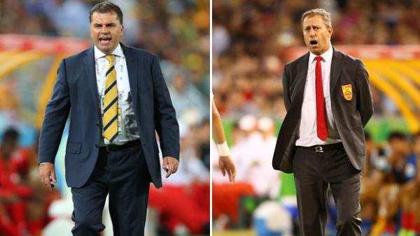 Socceroos boss Ange Postecoglou and Chinese coach Alain Perrin.