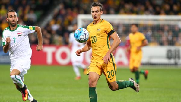 Trent Sainsbury on the ball during Australia's 2-0 win over Iraq.
