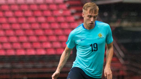 James Jeggo on the ball during a Caltex Socceroos training session.