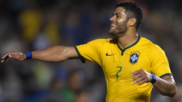 Hulk celebrates a goal in Brazil's World Cup warm up match against Serbia.