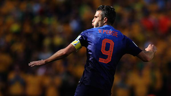 Dutch captain Robin van Persie celebrates his goal against the Socceroos.