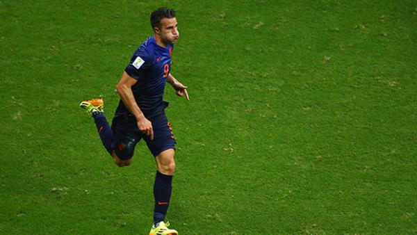 Van Persie celebrates his first goal against Spain in Holland's World Cup opener.