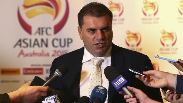 Socceroos coach Ange Postecoglou addresses media at an Asian Cup event.