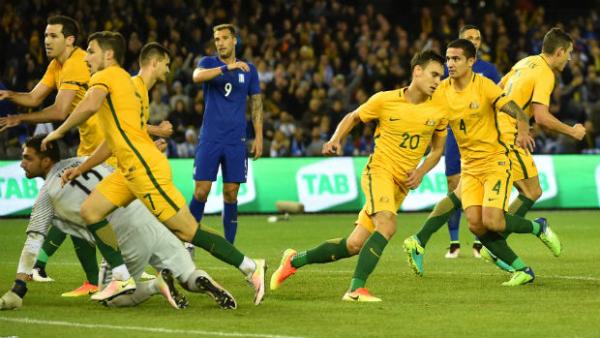 Caltex Socceroos defender Trent Sainsbury celebrates scoring against Greece in a June friendly.