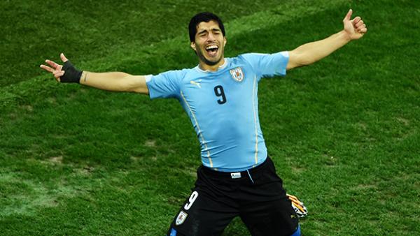 Uruguay's Luis Suarez celebrates after scoring the match winner against England.