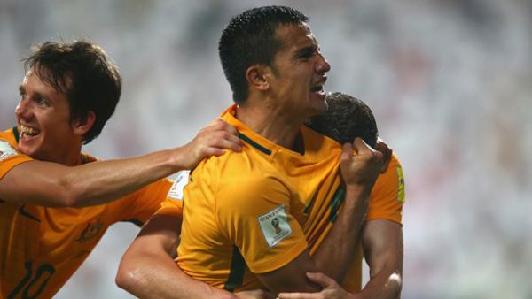 Tim Cahill celebrates after scoring against the UAE in World Cup Qualifying.