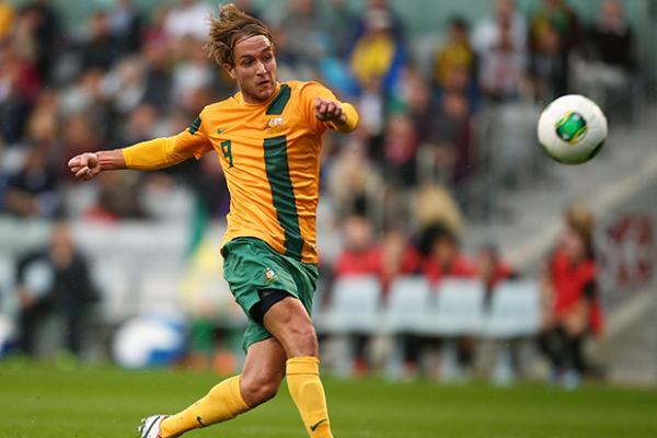 Adam Taggart unleashes a shot for the Young Socceroos against the Junior All Whites last year.