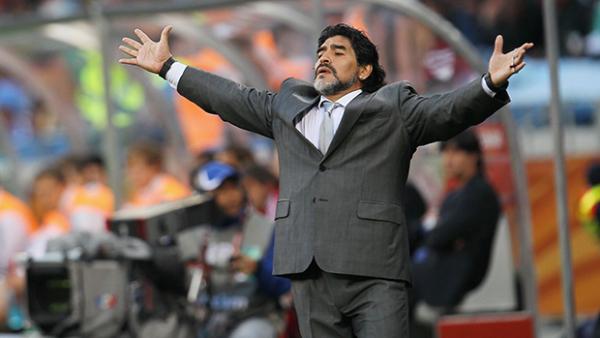 Diego Maradona in charge of Argentina against Germany at the 2010 World Cup.