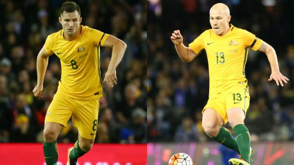 Caltex Socceroos Bailey Wright and Aaron Mooy.