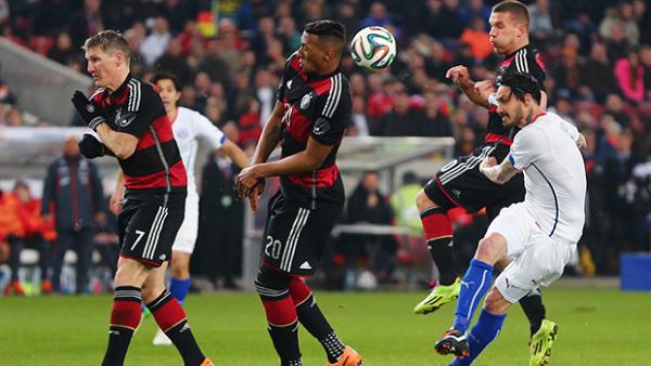 Mauricio Pinilla fires a shot in Chile's recent friendly against Germany.