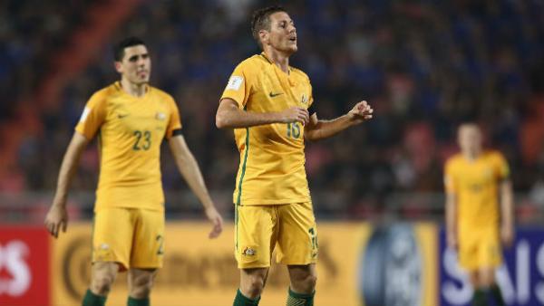 Nathan Burns watches a long range shot hit the crossbar when the Caltex Socceroos played Thailand in their last World Cup Qualifier.