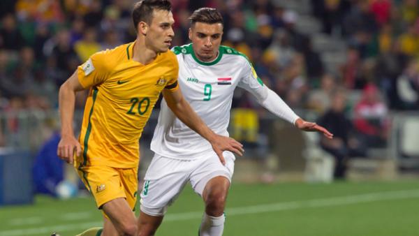 Trent Sainsbury on the ball during the Socceroos' 2-0 win over Iraq.