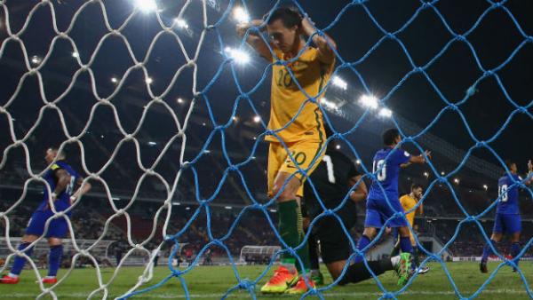 Trent Sainsbury reacts to a missed chance when the Caltex Socceroos played Thailand in Bangkok.