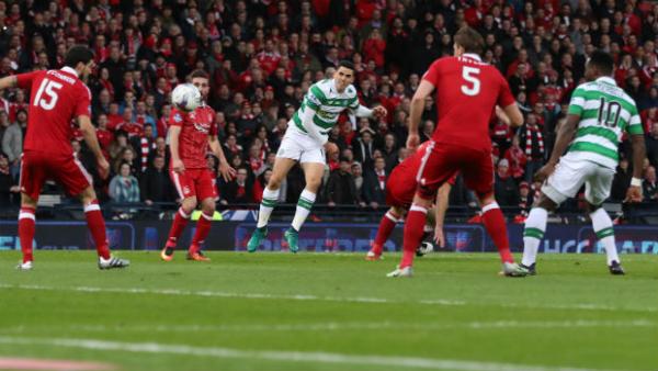 Tom Rogic scores the opener for Celtic in their League Cup Final win.