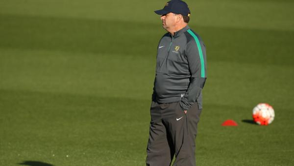 Postecoglou watches on during a Socceroos training session in Perth.