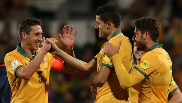 The Caltex Socceroos celebrate Tom Rogic scoring against Bangladesh in Perth.
