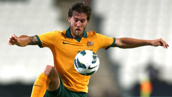 Josh Brillante on the ball in the Socceroos friendly against the UAE last year.