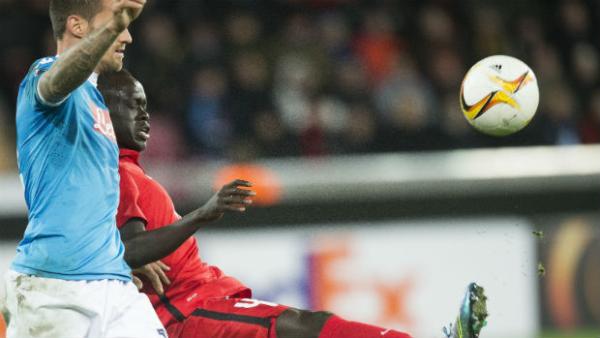 Awer Mabil juggles the ball against Napoli in the Europa League.