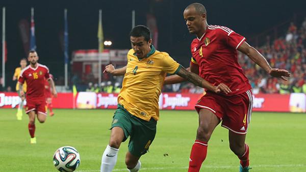 Tim Cahill and Vincent Kompany jostle for possession.