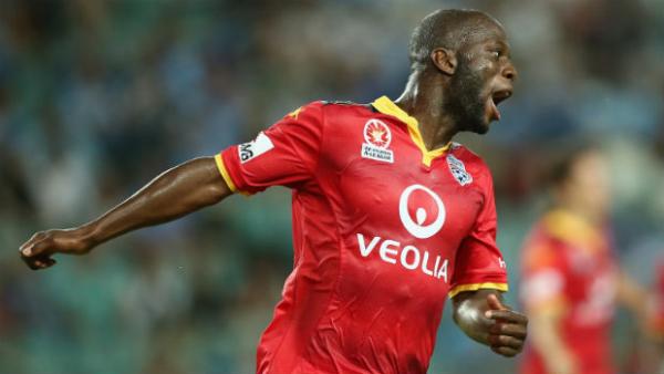 Former Adelaide United striker Bruce Djite celebrates scoring in the Hyundai A-League last season.