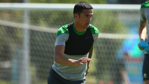 Tim Cahill passes the ball during a Socceroos training session in Melbourne.