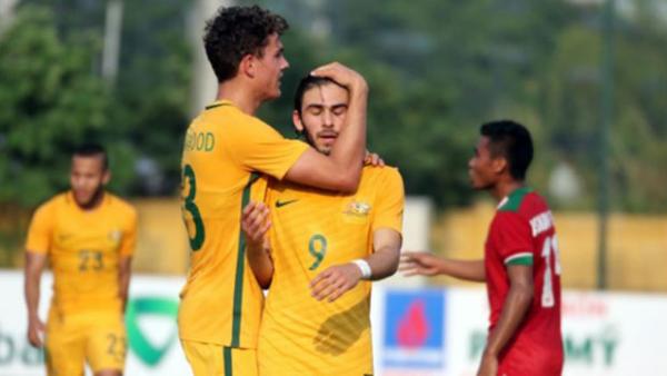 The Young Socceroos celebrate a goal in their 3-1 win over Indonesia at the AFF Championships.