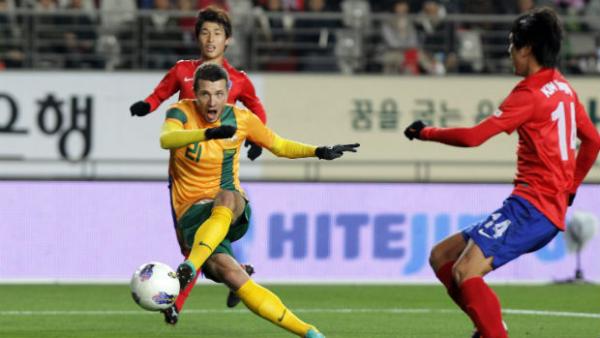 Nikita Rukavytsya scores for the Socceroos against Korea Republic in 2012.