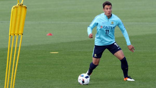 Caltex Socceroo midfielder Chris Ikonomidis on the training ground in Sunderland.