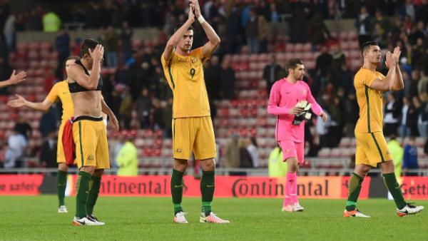 Tomi Juric applauds Aussie supporters at the Stadium of Light when the Caltex Socceroos played England in May.
