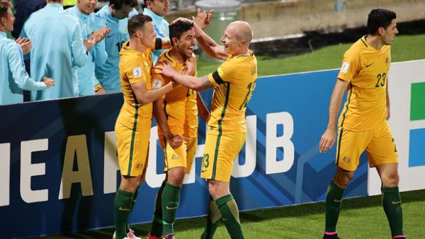 Massimo Luongo celebrates after scoring against Iraq in World Cup Qualifying.