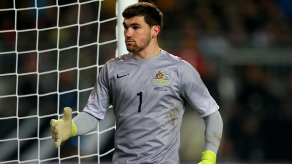 Mat Ryan in action during the Socceroos' recent friendly with Germany.